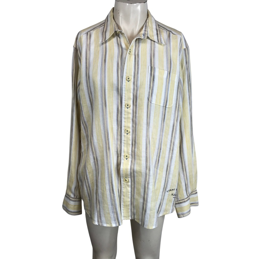 Tommyβ Bahama Relax Striped Long Sleeve Button Up Linen Shirt Yellow Blue Sz XL